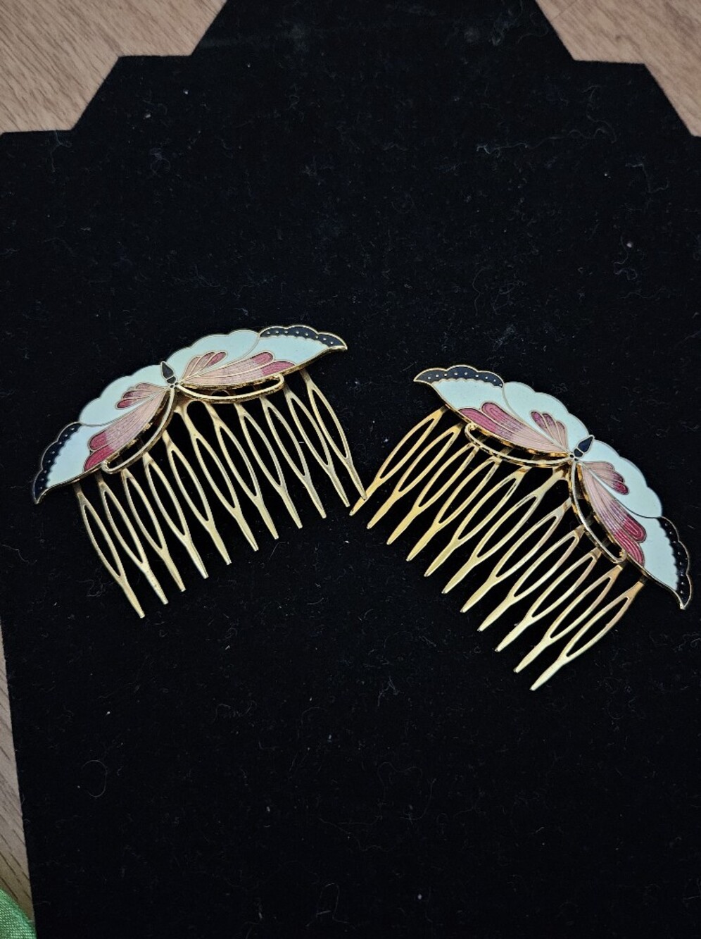 Vintage Gold Hair Combs with Mint and Pink Butterfly Accents